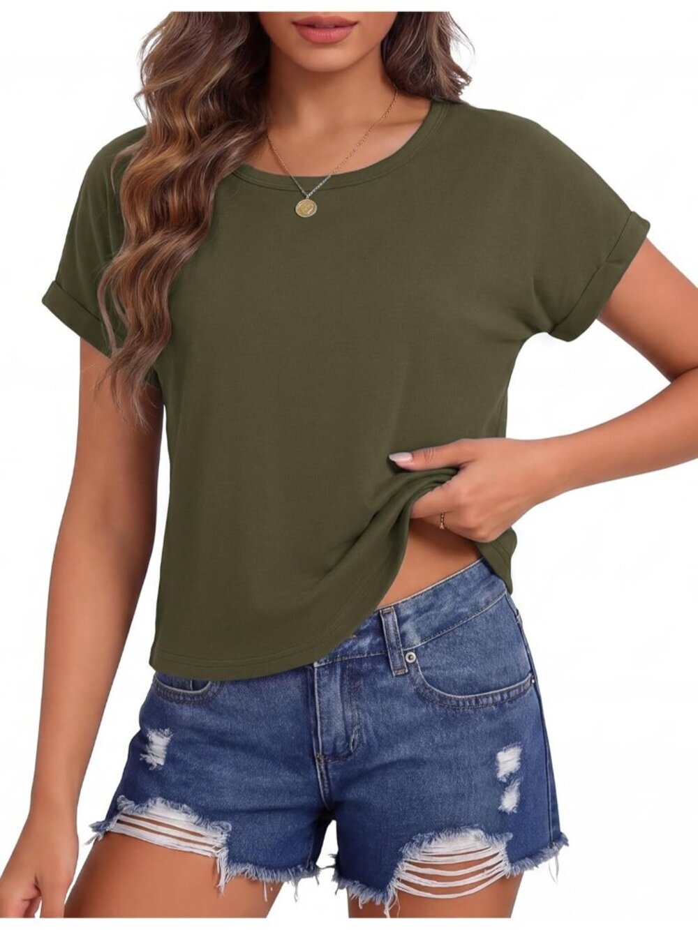 Women's Army Green Roll Short Sleeve Crewneck Loose Fit Boxy Pull On Crop Tops